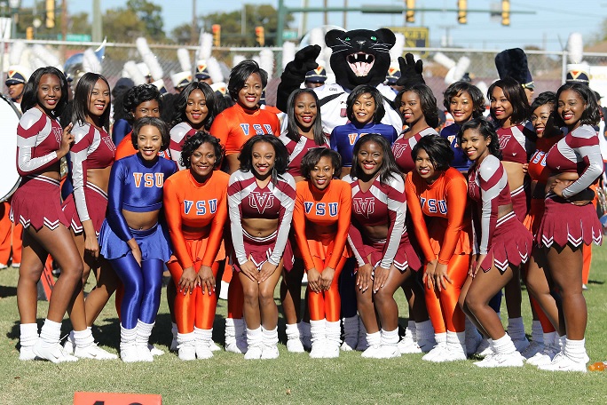 Virginia State University and Virginia Union University Cheerleaders with Panther Mascot